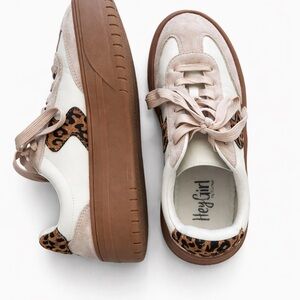 Beige and White Platform Sneakers with Leopard Detail